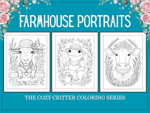Farm Animal Coloring Book: 20 Printable Farmhouse Portraits (PDF Download)