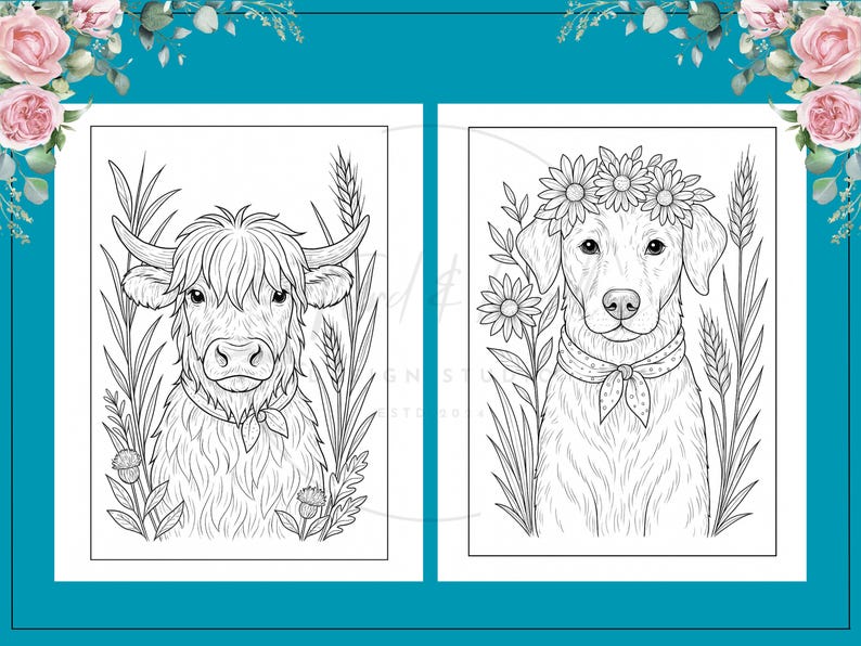 Puede incluir: Dos p&aacute;ginas para colorear en blanco y negro. Una presenta una vaca de las Tierras Altas con cuernos largos y pelaje lanudo, rodeada de plantas. La otra muestra un perro con una corona de flores y una bufanda, tambi&eacute;n rodeado de plantas. Ambas est&aacute;n enmarcadas con un borde turquesa y detalles florales.