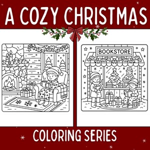 Puede incluir: Ilustraci&oacute;n en blanco y negro para un libro para colorear, titulado "A Cozy Christmas Coloring Series". La imagen muestra a una persona junto a una chimenea y una librer&iacute;a con decoraciones navide&ntilde;as.