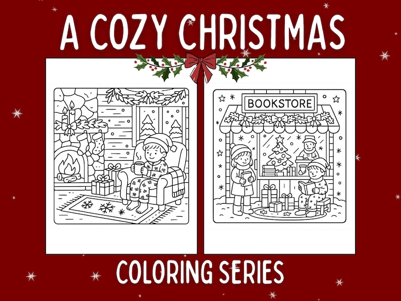 Puede incluir: Ilustraci&oacute;n en blanco y negro para un libro para colorear, titulado "A Cozy Christmas Coloring Series". La imagen muestra a una persona junto a una chimenea y una librer&iacute;a con decoraciones navide&ntilde;as.