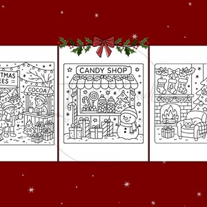 Puede incluir: Ilustraciones en blanco y negro de escenas navide&ntilde;as. Una muestra un puesto de venta de &aacute;rboles de Navidad y un puesto de cacao. Otra representa una tienda de caramelos con un mu&ntilde;eco de nieve. La &uacute;ltima muestra una chimenea decorada y un &aacute;rbol de Navidad.