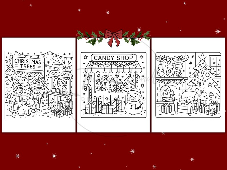 Puede incluir: Ilustraciones en blanco y negro de escenas navide&ntilde;as. Una muestra un puesto de venta de &aacute;rboles de Navidad y un puesto de cacao. Otra representa una tienda de caramelos con un mu&ntilde;eco de nieve. La &uacute;ltima muestra una chimenea decorada y un &aacute;rbol de Navidad.