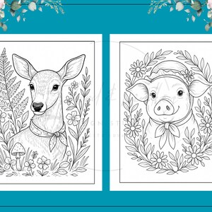 Puede incluir: Dos p&aacute;ginas para colorear en blanco y negro con ilustraciones de animales. Una p&aacute;gina muestra un ciervo con una bufanda rodeado de plantas. La otra representa un cerdo con un gorro y un lazo, enmarcado por flores. Ambos est&aacute;n delineados para colorear.