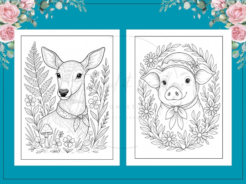 Puede incluir: Dos p&aacute;ginas para colorear en blanco y negro con ilustraciones de animales. Una p&aacute;gina muestra un ciervo con una bufanda rodeado de plantas. La otra representa un cerdo con un gorro y un lazo, enmarcado por flores. Ambos est&aacute;n delineados para colorear.