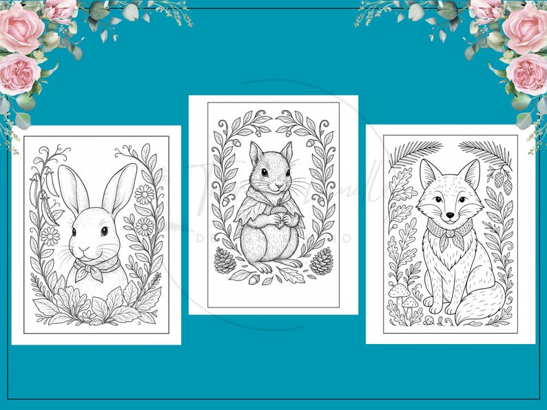 Puede incluir: Tres ilustraciones en blanco y negro de animales del bosque: un conejo, una ardilla y un zorro. Cada animal est&aacute; rodeado por un borde decorativo de hojas y flores. Las im&aacute;genes son para colorear.