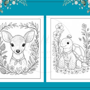 Puede incluir: Dos p&aacute;ginas para colorear en blanco y negro con adorables animales. Una p&aacute;gina muestra un ciervo con una corona floral, y la otra representa una tortuga con un sombrero de hongo, rodeada de flores y follaje. Para ni&ntilde;os.