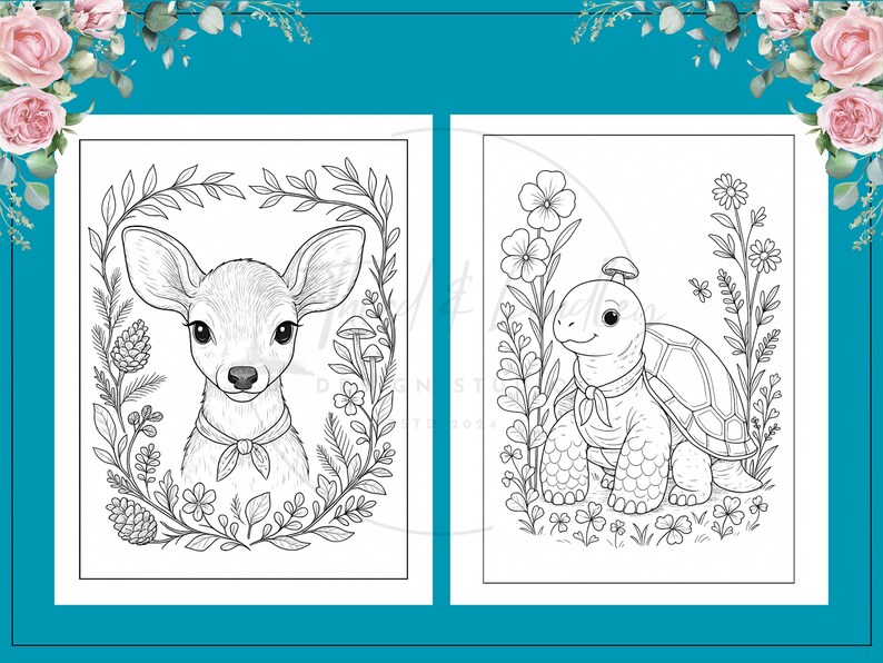 Puede incluir: Dos p&aacute;ginas para colorear en blanco y negro con adorables animales. Una p&aacute;gina muestra un ciervo con una corona floral, y la otra representa una tortuga con un sombrero de hongo, rodeada de flores y follaje. Para ni&ntilde;os.