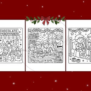 Puede incluir: Ilustraciones en blanco y negro que representan escenas navide&ntilde;as. Una muestra un puesto de chocolate caliente, otra ni&ntilde;os con Pap&aacute; Noel y la &uacute;ltima ni&ntilde;os en pijama con calcetines. Tema festivo navide&ntilde;o.