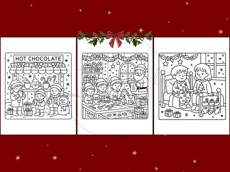 Puede incluir: Ilustraciones en blanco y negro que representan escenas navide&ntilde;as. Una muestra un puesto de chocolate caliente, otra ni&ntilde;os con Pap&aacute; Noel y la &uacute;ltima ni&ntilde;os en pijama con calcetines. Tema festivo navide&ntilde;o.
