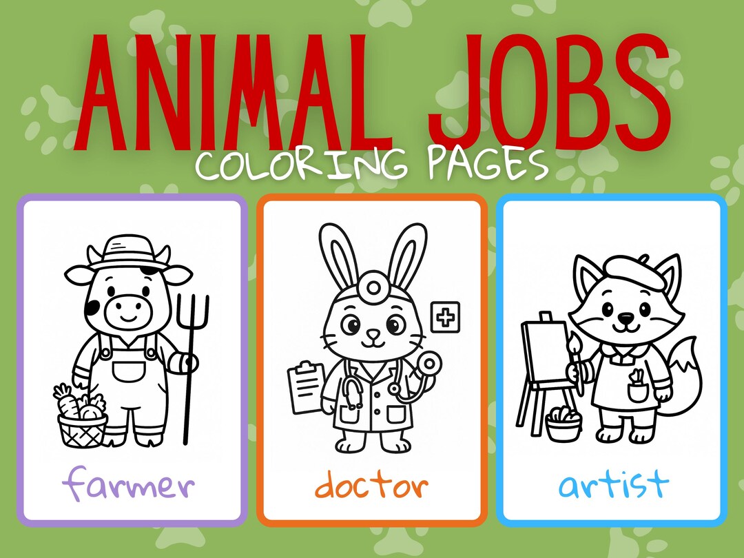 Professions Animals Fun Animal Job Coloring Book for Kids: 20 Printable Cute Animals in ...