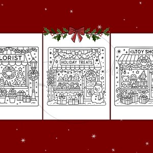 Puede incluir: Ilustraci&oacute;n en blanco y negro de tres escaparates con tem&aacute;tica navide&ntilde;a: una florister&iacute;a, una tienda de golosinas navide&ntilde;as y una jugueter&iacute;a. Cada tienda est&aacute; decorada con coronas navide&ntilde;as, regalos y detalles festivos. Las palabras "Florist", "Holiday Treats" y "Toy Shop" son visibles.