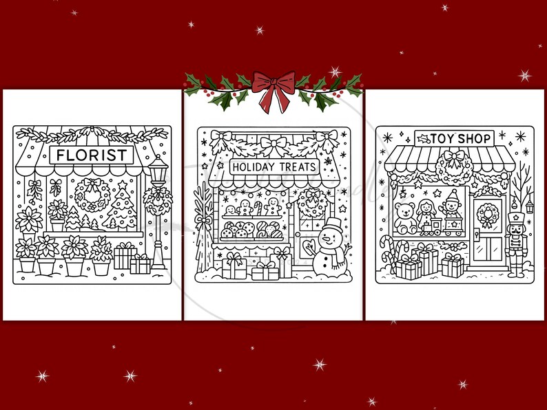Puede incluir: Ilustraci&oacute;n en blanco y negro de tres escaparates con tem&aacute;tica navide&ntilde;a: una florister&iacute;a, una tienda de golosinas navide&ntilde;as y una jugueter&iacute;a. Cada tienda est&aacute; decorada con coronas navide&ntilde;as, regalos y detalles festivos. Las palabras "Florist", "Holiday Treats" y "Toy Shop" son visibles.