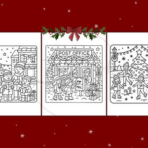 Puede incluir: Tres ilustraciones navide&ntilde;as en blanco y negro. La primera muestra villancicos, la segunda representa una oficina de correos con el texto "POST OFFICE" y "LETTERS TO SANTA", y la tercera muestra a ni&ntilde;os cerca de un &aacute;rbol de Navidad y un puesto de "HOT COCOA".