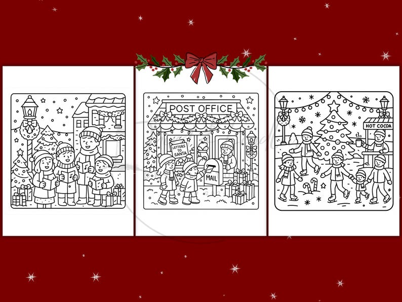 Puede incluir: Tres ilustraciones navide&ntilde;as en blanco y negro. La primera muestra villancicos, la segunda representa una oficina de correos con el texto "POST OFFICE" y "LETTERS TO SANTA", y la tercera muestra a ni&ntilde;os cerca de un &aacute;rbol de Navidad y un puesto de "HOT COCOA".