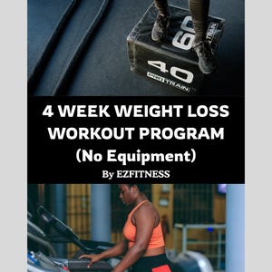 Puede incluir: Imagen que promociona un programa de entrenamiento de pérdida de peso de 4 semanas. La imagen presenta a una persona sobre un step box con los números "60" y "40", y otra persona en una cinta de correr. El programa es "Sin equipo".