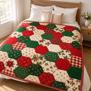 Patrón de colcha hexagonal navideña en PDF / Colcha de patchwork navideña / Patrón de colcha para cama / Colcha de invierno / Descarga instantánea