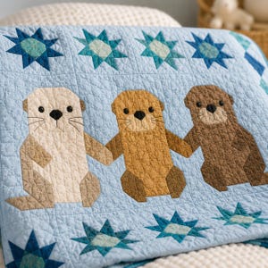 Op de afbeelding: Een lichtblauwe quilt met een herhalend patroon van donkerblauwe en groenblauwe sterblokken. Het midden toont drie geappliqueerde otters in tinten crème, beige en bruin, die naast elkaar staan en elkaars hand vasthouden met gestikte details.