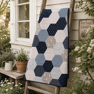Blue Hexagon Quilt Pattern PDF | Modern Geometric Patchwork Throw | Fat Quarter Friendly | Digital Download