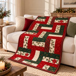 Könnte beinhalten: Ein rechteckiger Quilt mit einem Patchwork-Design aus roten, dunkelgrünen und cremefarbenen Stoffblöcken. Das Muster zeigt gedruckte Motive von Weihnachtssternen, Stechpalmenblättern, Beeren und Karostoffen mit Steppnähten.