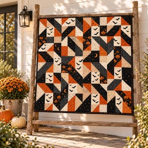 May include: A square quilt featuring a geometric patchwork pattern in black, orange, and cream. The fabric displays repeating motifs of flying bats, jack-o'-lanterns, crescent moons, and small checkered squares arranged in a diagonal layout.