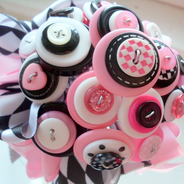 Pink and Black Button Bouquet,  At the Hop, Flower girl