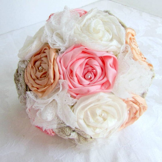 Items similar to Pastel Pink Silk Ribbon Rose Bouquet Handrolled Burlap