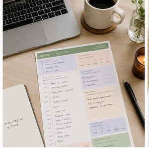 May include: A daily planner sheet with sections for tasks, habit tracking, and hourly scheduling. The paper features pastel color blocks, handwritten text including 'My Day' and 'one step at a time', and a grid layout for organizing daily activities.