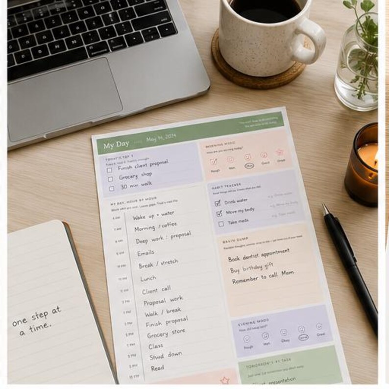 May include: A daily planner sheet with sections for tasks, habit tracking, and hourly scheduling. The paper features pastel color blocks, handwritten text including 'My Day' and 'one step at a time', and a grid layout for organizing daily activities.
