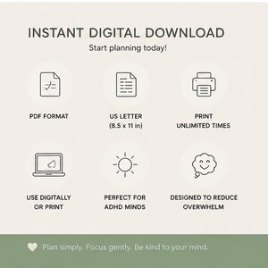 May include: An informational graphic titled INSTANT DIGITAL DOWNLOAD, Start planning today! It features six icons with text: PDF FORMAT, US LETTER (8.5 x 11 in), PRINT UNLIMITED TIMES, USE DIGITALLY OR PRINT, ADHD MINDS, and REDUCE OVERWHELM.
