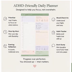 May include: An ADHD-Friendly Daily Planner page with sections for priorities, hour-by-hour scheduling, morning and evening mood check-ins, habit tracking, and a brain dump area. The layout features pastel color blocks and text prompts for daily organization.