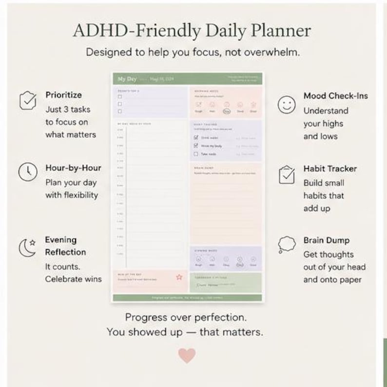 May include: An ADHD-Friendly Daily Planner page with sections for priorities, hour-by-hour scheduling, morning and evening mood check-ins, habit tracking, and a brain dump area. The layout features pastel color blocks and text prompts for daily organization.