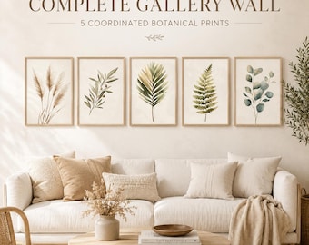Botanical Wall Art Set of 5 | Printable Gallery Wall | Eucalyptus Fern Palm Olive Pampas | Neutral Earth Tone Decor | Instant Download
