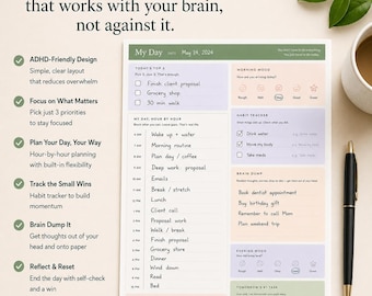 Planificador diario para TDAH imprimible / Hoja de trabajo para planificador neurodivergente / Planificador de concentración en PDF / Planificador de productividad para TDAH / Descarga instantánea