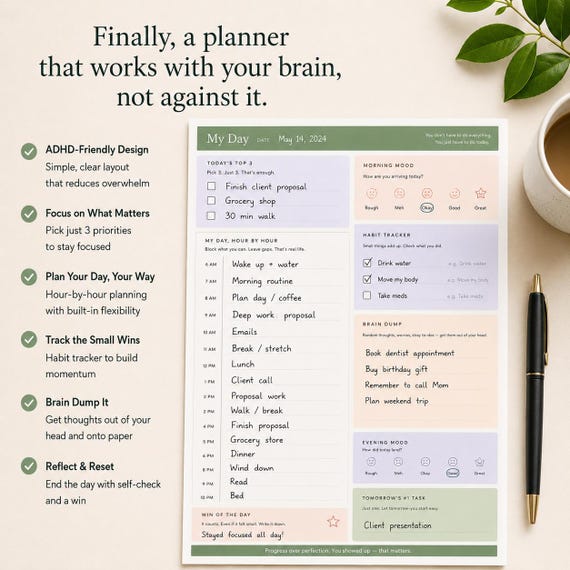 ADHD Daily Planner Printable | Neurodivergent Planner Worksheet | Focus Planner PDF | ADHD Productivity Planner | Instant Download