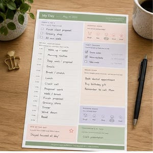 May include: A daily planner sheet titled My Day dated May 14, 2024, featuring sections for Today's Top 3, morning and evening mood trackers, a habit tracker, a brain dump, and an hourly schedule from 6 AM to 10 PM with handwritten task entries.