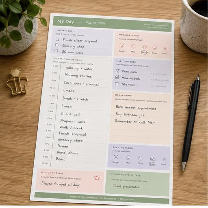 May include: A daily planner sheet titled My Day dated May 14, 2024, featuring sections for Today's Top 3, morning and evening mood trackers, a habit tracker, a brain dump, and an hourly schedule from 6 AM to 10 PM with handwritten task entries.