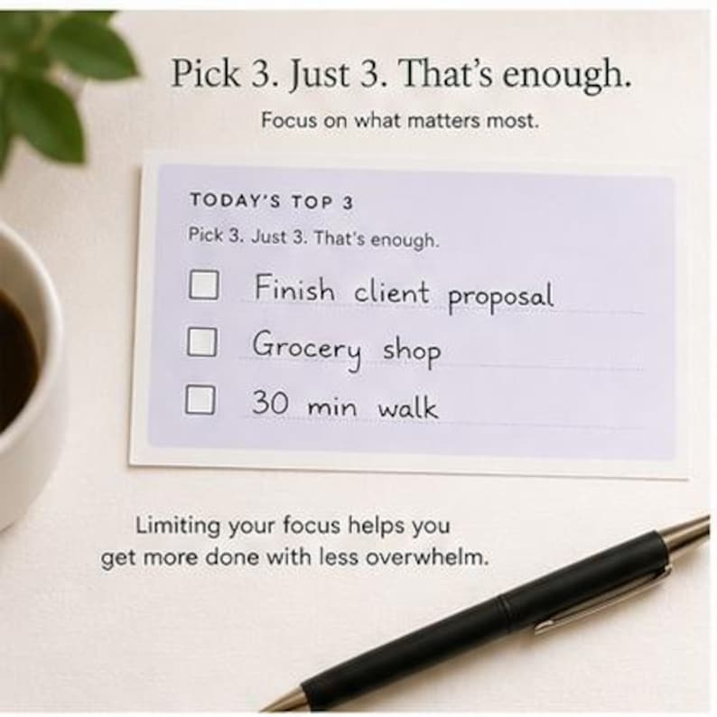 May include: A rectangular task list card with a light purple border and white center. The text reads: Pick 3. Just 3. That's enough. Focus on what matters most. TODAY'S TOP 3. Pick 3. Just 3. That's enough. Finish client proposal, Grocery shop, 30 min walk.