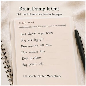 May include: A spiral-bound notebook page with the heading Brain Dump It Out and the text Get it out of your head and onto paper. The page features a Brain Dump section with a list of tasks and the concluding text Less mental clutter. More clarity.