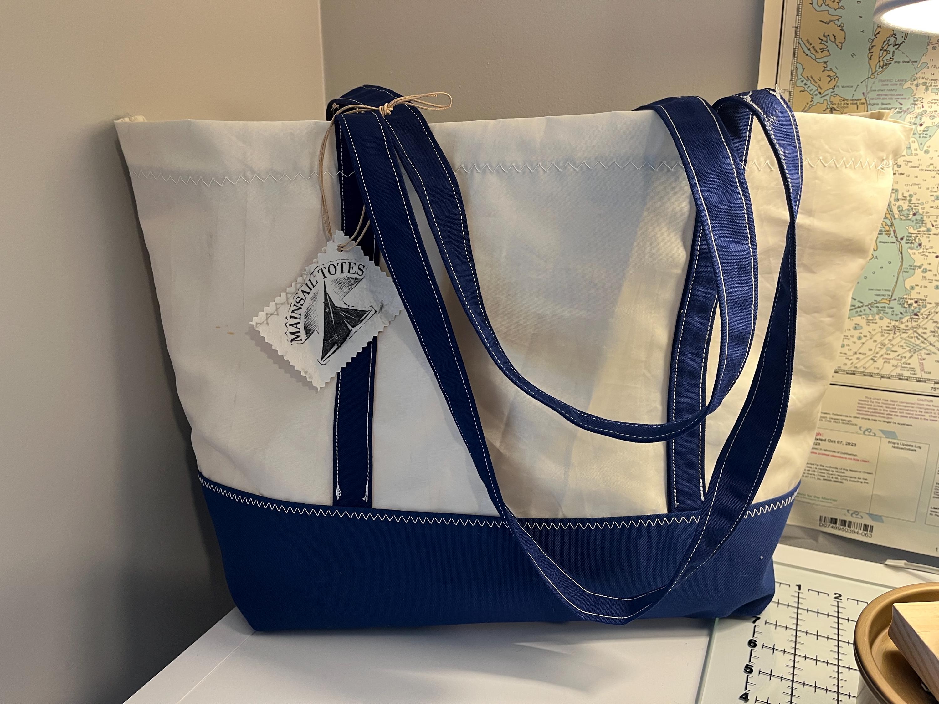 Large Sailcloth Tote Bag – Nautical Blue & White Coastal Beach Bag