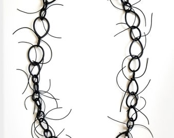 Black Rubber Loop Necklace with Fringe, Can Be Worn 4 Ways