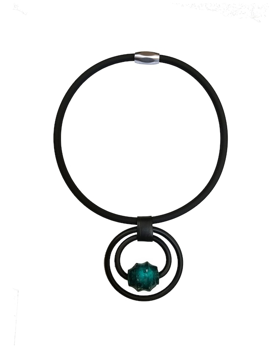 Black Rubber Necklace With Hand formed Glass Bead and Magnetic Clasp Etsy