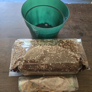 May include: A translucent green plastic plant pot positioned above a rectangular plastic bag filled with dark brown potting soil containing white perlite particles and a smaller, separate clear plastic bag containing light brown dried moss.