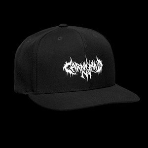May include: A black baseball cap featuring a white graphic print on the front panel. The design displays the text CARNYLAND NY in a stylized, jagged, metal-inspired font with sharp, pointed edges and a distressed, weathered appearance.