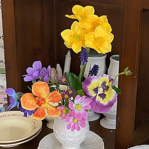 Faux Flowers Bouquet in ceramic vase  | Fake Wildflowers Arrangement | Artificial Daffodils, Orange Orchid, Lavender  | Fake Flowers