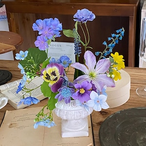 Faux Flower Bouquet in Clay Vase  | Fake Wildflowers Arrangement in Pot | Artificial Violets and Lilies Arrangement | Fake Flowers