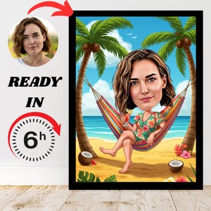 Custom Beach Caricature: Personalized Vacation Portrait with Cocktail (Digital Download A4 Size)