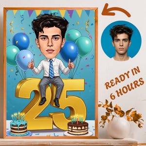 Custom 25th Birthday Caricature for Him | Personalized Portrait with Flowers & Confetti, Funny Keepsake to Make Her Smile
