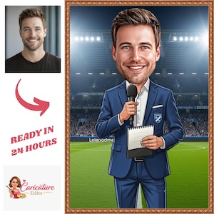 Caricature personnalisée de commentateur sportif | Portrait personnalisé de dessin animé de football (téléchargement numérique)