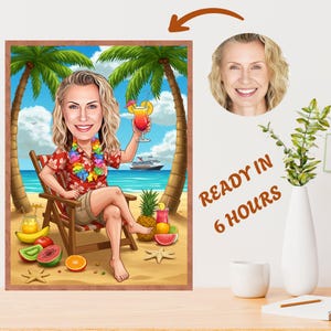 Custom Beach Caricature: Personalized Summer Portrait with Cocktail (Digital Download A4 Size)