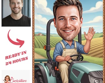 Retrato caricaturesco personalizado de un granjero / Dibujo animado de un tractor, escena de granja (Descarga digital)